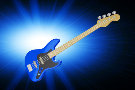 electric guitar blue bass guitar For designing music in a minimalist style Isolated from the blue background. 3D illustration renderingの写真素材