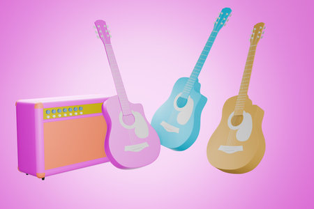 Blue, pink, yellow acoustic guitar, sound amplifier. Isolated from the pink background. 3D illustration renderingの写真素材
