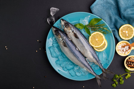 Raw Mackerel with Rosemary Lemon, basil and salt Healthy fresh seafood Placed on a black background. Top view with space for text.の写真素材