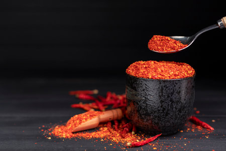 Paprika, red chili powder, dried chilies, spicy seasoning. On the dark wooden floor Focus on a specific pointの写真素材
