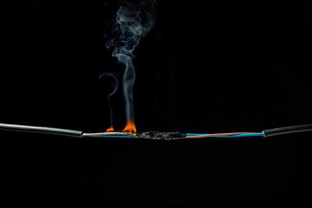 Flames from electric shocks Short-circuited cables cause sparks, explosions, excessive power usage, damaged and non-standard equipment.  on a dark black backgroundの写真素材