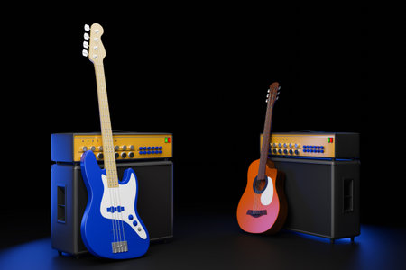 3D illustration with electric or acoustic guitar with amplifier. Classic amplifier in the studio or on the concert.の写真素材