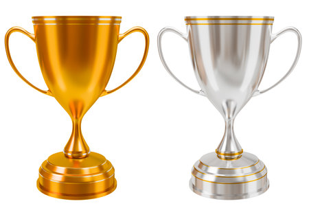 Gold cup for achievement, football championship, sports competition, contest, game winner award shape. Champion's Achievements Tournament victory 3D illustration rendering - clipping pathの写真素材