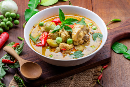 Chicken Green Curry or pork Asian food Thai food on a bowl of soup with a mixture of herbs, vegetables and pepper spices.の写真素材