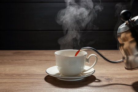 Pour black coffee into a coffee cup. There are roasted coffee beans on the table with a black background and dark colors.の写真素材