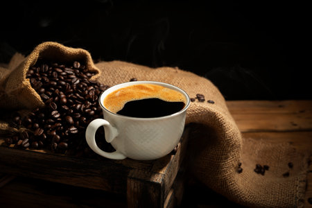 Coffee cups with roasted coffee beans arranged on table, top view. with a black background and dark colorsの写真素材