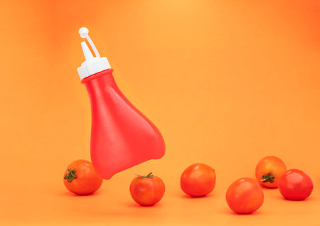 Chili sauce, plastic sauce bottle isolated on yellow backgroundの写真素材
