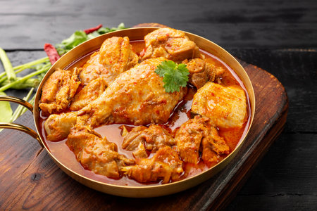 Chicken curry Asian food masala. Traditional cooking healthy food with spices. Arranged on black wooden table background.の写真素材