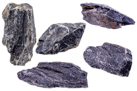 Gray and black granite rocks from natural mountains close-up isolated on white background-clipping pathの写真素材