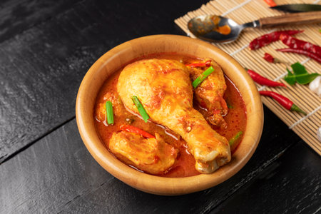 Chicken curry Asian food masala. Traditional cooking healthy food with spices. Arranged on black wooden table background.の写真素材