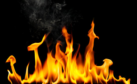 Flame, heat from fire, danger of gas explosion, isolated on black background.の写真素材