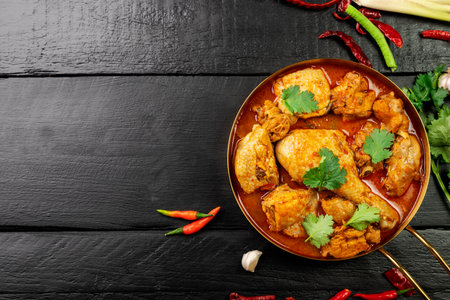 Herbal Chicken Leg Curry or Healthy Cooked Food Stew Arranged on Black Wooden Table, Top Viewの写真素材