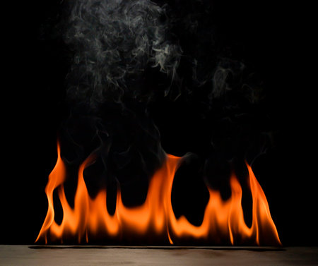 Flame, heat from fire, danger of gas explosion, isolated on black background.の写真素材