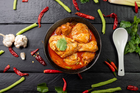 Chicken curry Asian food masala. Traditional cooking healthy food with spices. Arranged on black wooden table background.の写真素材