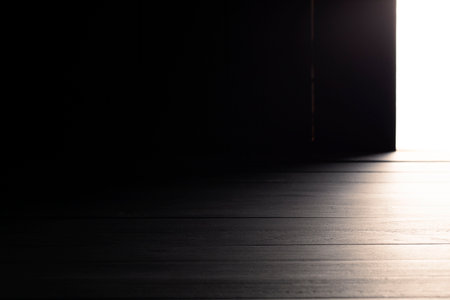 Black wooden floor with light coming from behind, warm atmosphere, on a black and dark background.の写真素材