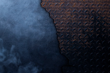 Old steel plate background with cut marks separated. Black background with smoke and space for text.の写真素材