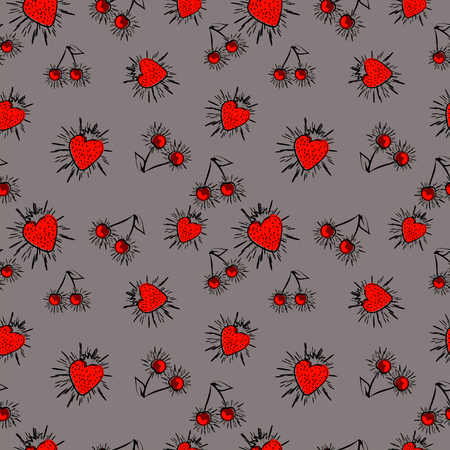 Textile design, wallpaper. Strawberry, cherry, spray seamless pattern on gray backgroundのイラスト素材