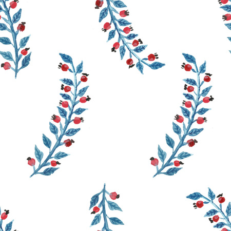 Vector illustration, seamless pattern with abstract watercolor plant with blue leaf and red berriesのイラスト素材