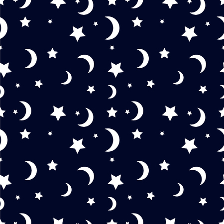 Seamless vector pattern with white moon and stars on dark blue background. Wallpaper, textile, pattern fills, web page background, surface textures.のイラスト素材