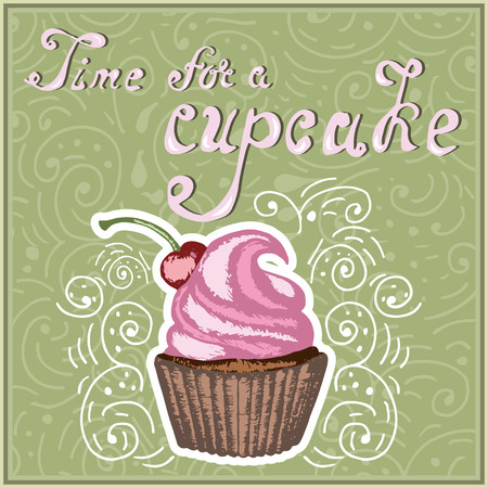 Color hand drawn sweet cupcake, lettering time for a cupcake, cupcake with whipped cream and cherryのイラスト素材