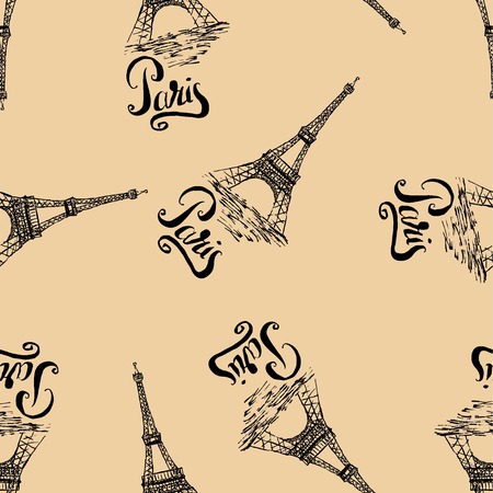 Vector illustration, seamless pattern with Paris label, hand drawn Eiffel Tower, lettering Paris  on beige backgroundのイラスト素材