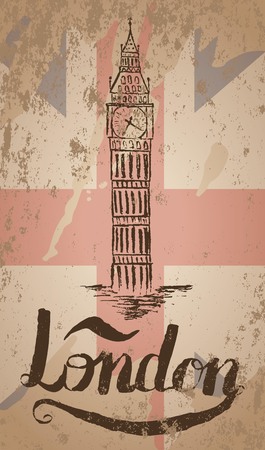 Vector illustration, london label with hand drawn big ben, lettering London and english flagのイラスト素材