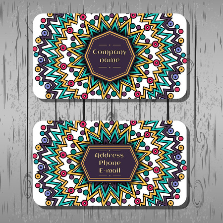 Business cards, corporate identity, corporate style, round pattern with purple, green, yellow poligons, boho, hipster background, wood textureのイラスト素材