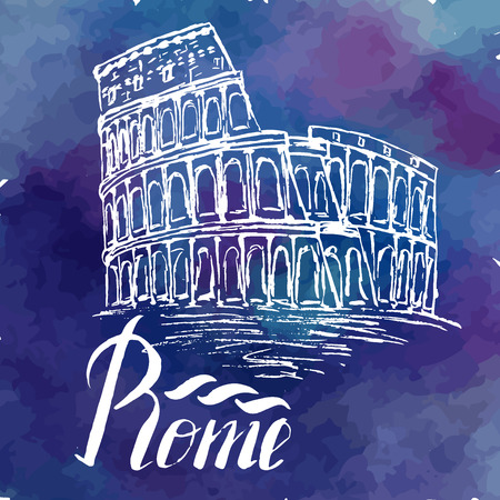 Vector illustration, Rome label with hand drawn Coliseum, lettering Rome on a watercolor backgroundのイラスト素材