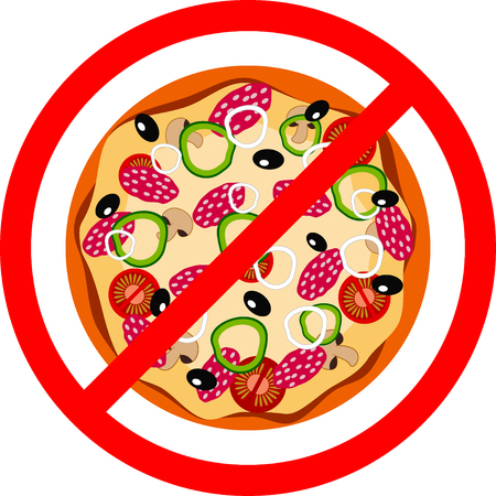 Fast food danger label. Vector illustration pizza, red prohibition sign, ban, promotion of a healthy dietのイラスト素材