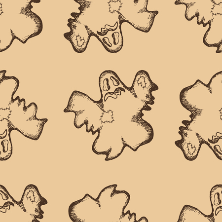 Seamless pattern, hand drawn halloween attributes, brown ghosts on a beige backgroundのイラスト素材