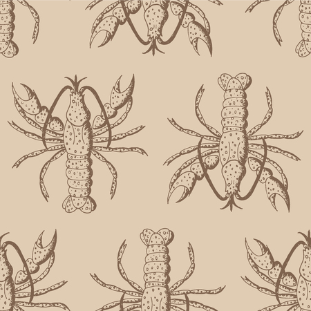 Hand drawn vector illustration, seamless pattern with lobsters on beige background, vintage pattern, textile, wallpaperのイラスト素材