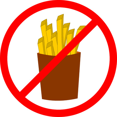 Fast food danger label. Vector illustration french fries, red prohibition sign, ban, promotion of a healthy dietのイラスト素材