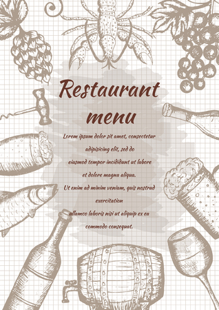 Restaurant vintage menu, hand drawn food and drink, bar design template on ruled sheetのイラスト素材