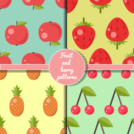 Fruit and berry seamless patterns set, summer patterns set, apple, strawberry, pineapple, cherry patternsのイラスト素材