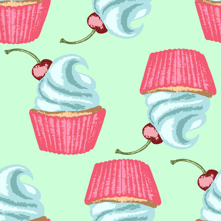 Color hand drawn cupcakes, seamless pattern with cupcakes, cupcakes with whipped cream and cherry on light-green backgroundのイラスト素材