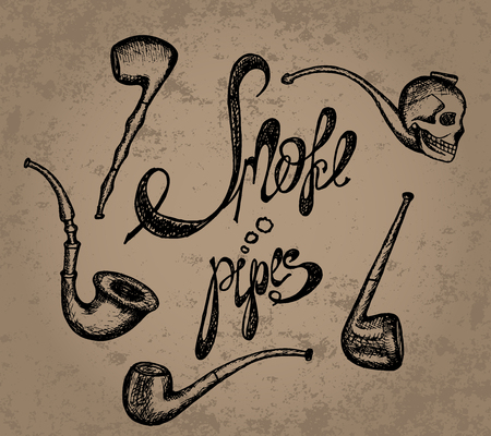 Hand drawn illustration, set of smoke pipes, lettering smoke pipes, vintage shabby backgroundのイラスト素材