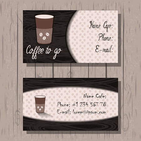 Business cards, corporate identity on coffee house, coffee to go, lettering, coffee beans background, wood textureのイラスト素材