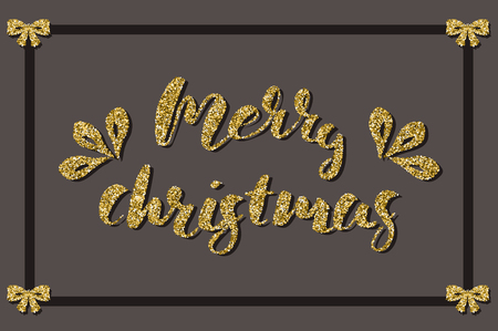 Vector illustration. Golden lettering marry christmass on a gray background with a frameのイラスト素材