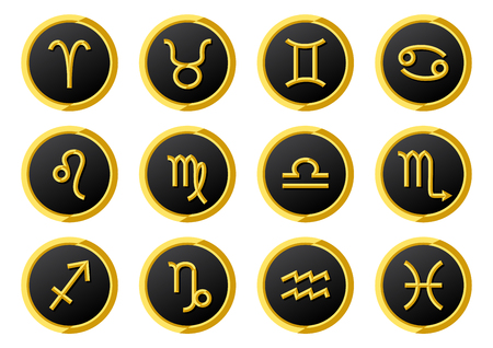 golden zodiac symbols on golden ring frame , set of flat zodiac signs, 12 zodiacのイラスト素材