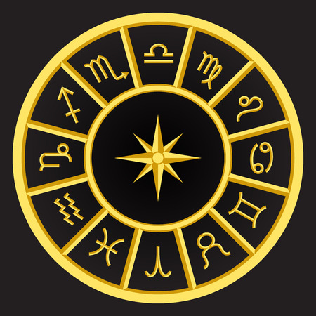 golden zodiac symbols on golden circle , set of flat zodiac signs, 12 zodiacのイラスト素材