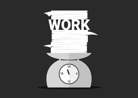 work overtime, work and pile of paper on day clock scales, "work" words and document above one day time scales, business balance concept, vector illustrationのイラスト素材