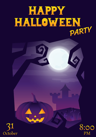 happy halloween party background, purple night roughen frame greeting, vector illustrationのイラスト素材