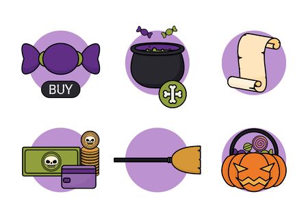 online shopping halloween concept, purchase process set, e-commerce payment infographic, vector illustration, editable strokeのイラスト素材