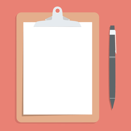 Brown clipboard with blank white paper.  with pen put alongside. Vector illustration.のイラスト素材