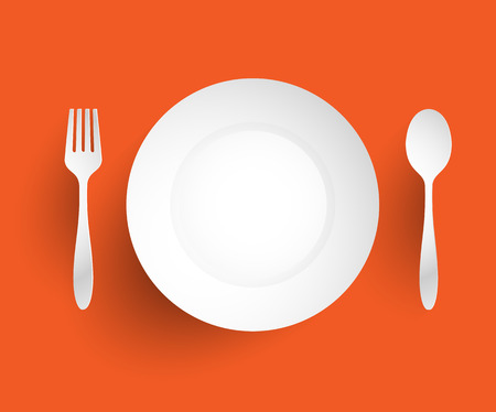 Empty dish, fork and spoon placed alongside. On orange background vector illustrationのイラスト素材
