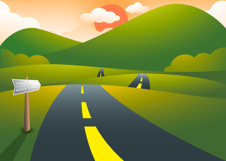 Road on the hills with mountain sunset landscape, vector illustrationのイラスト素材