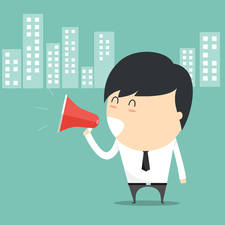 Concept of businessman with holding speak megaphone.のイラスト素材