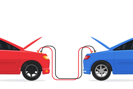 Jump start two cars, Battery low. Vector illustration.のイラスト素材