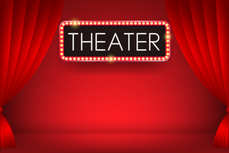 Theater glowing neon text on a electric bulb billboard with red curtain backdrop. Vector illustration.のイラスト素材