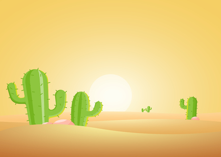 Desert sunset landscape with cactus. Vector illustrationのイラスト素材
